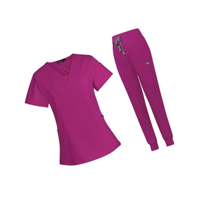 Guardoinrt Ensemble de Vêtements Médicaux pour Femme Infirmière Col en v Manches Courtes Lavables en Machine Rose Rouge m 1ensemble