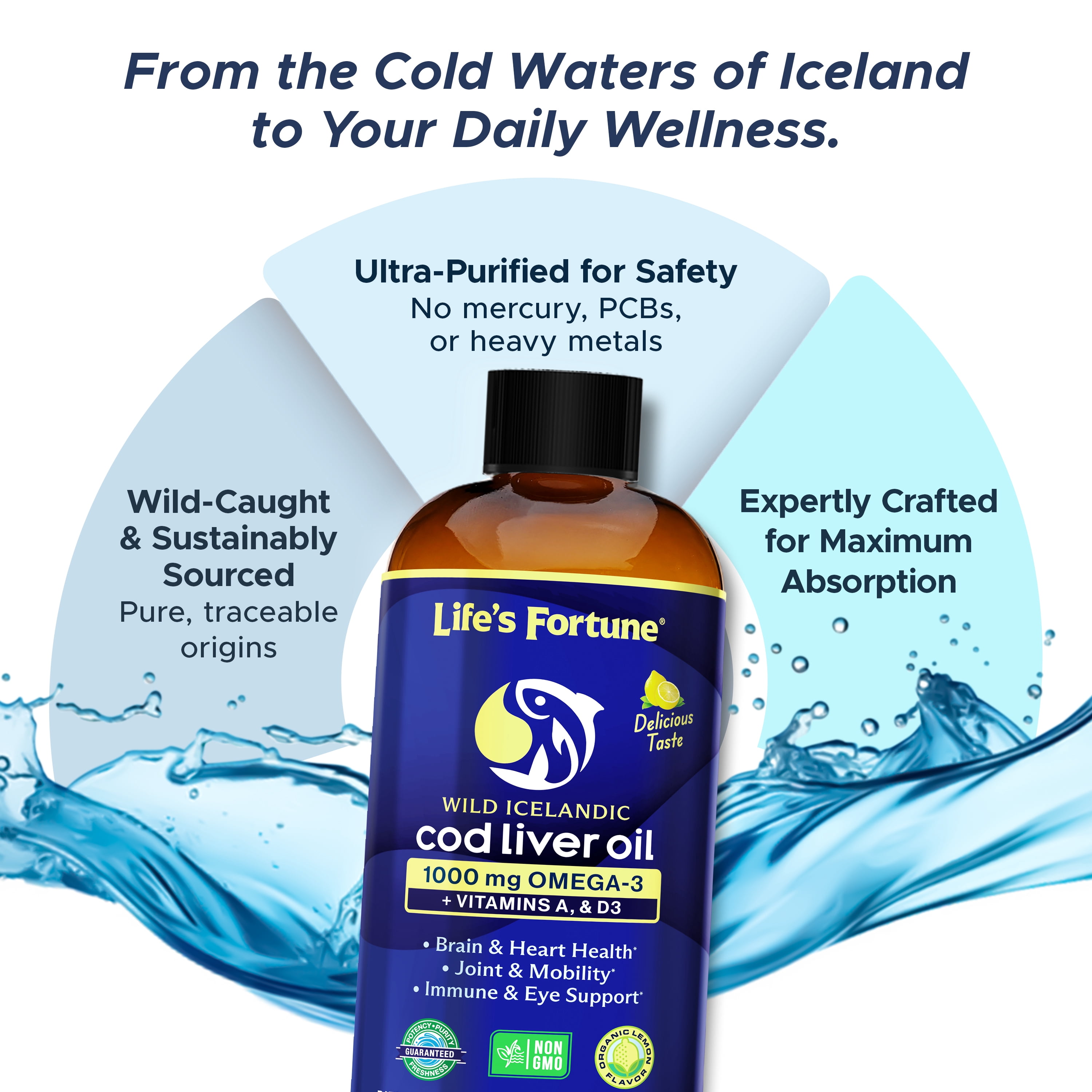 Life's Fortune Cod Liver Oil Liquid Organic Lemon Flavor, Fish Oil Supplement, 8 oz, 1000 mg