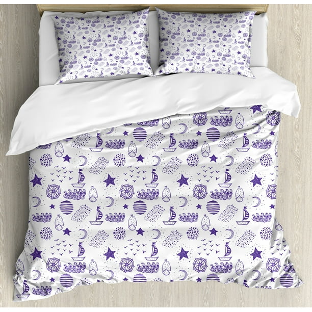 Nautical Duvet Cover Set Hand Drawn Boat Stars Flying Gulls Crescent Moon Shell Waves Kids Girls Cute Pattern Decorative Bedding Set With Pillow Shams Purple By Ambesonne Walmart Com Walmart Com