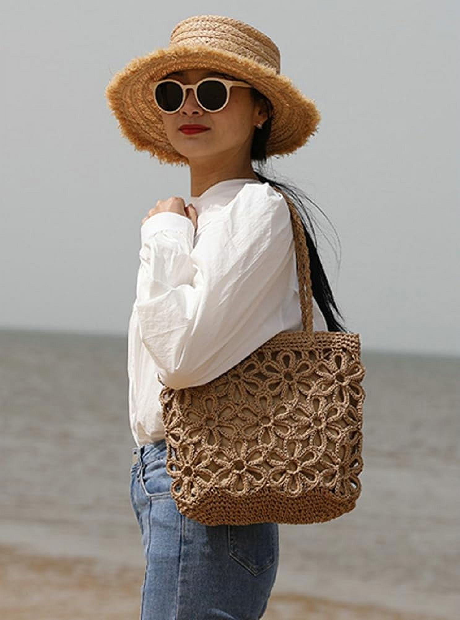 CoCoMangos Straw Woven Handbags for Women Hollow Shoulder Bag Large Flower Tote Purse Designer Top Handle Bag Beach Summer