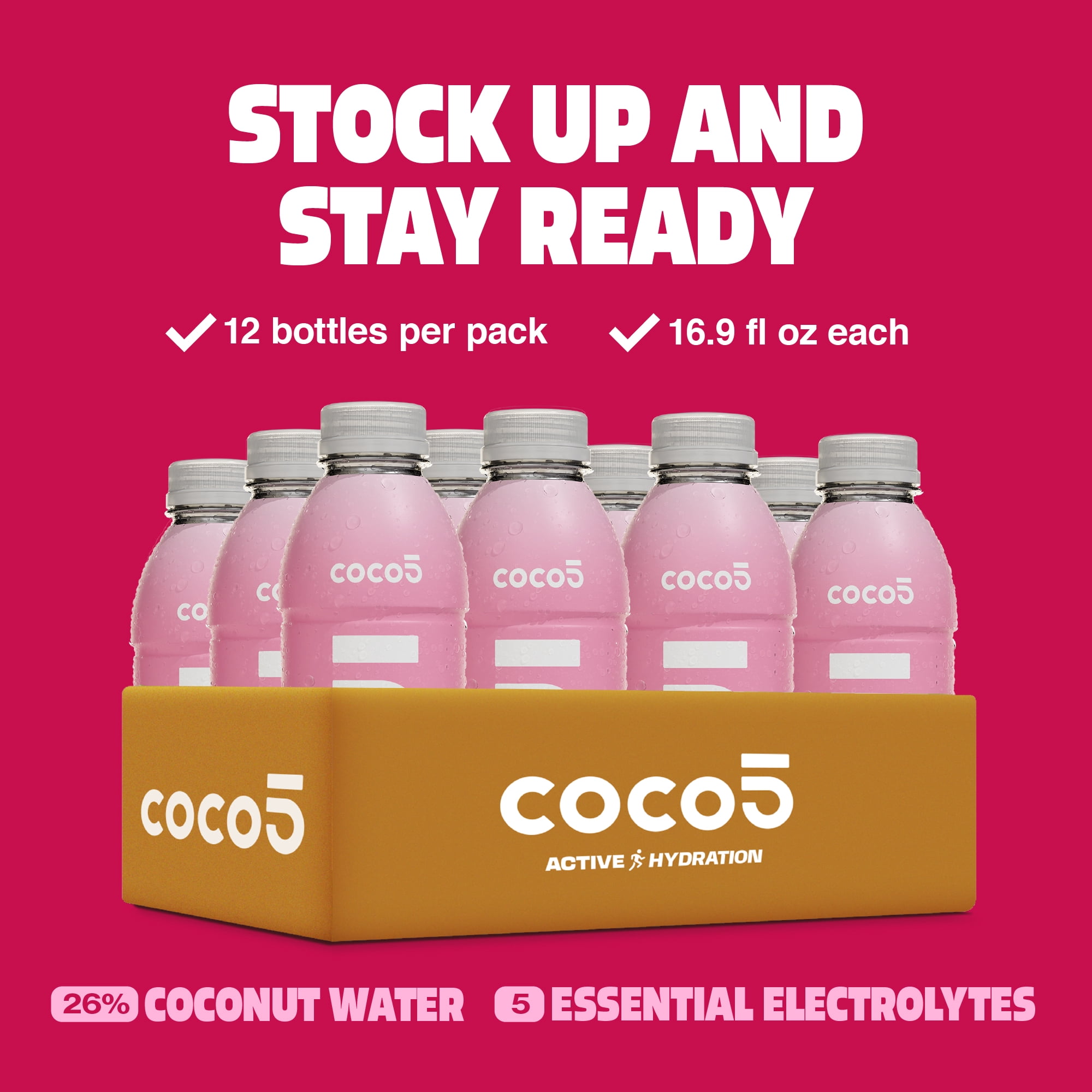 COCO5 Cherry Coconut Water, Active Hydration Electrolyte Drink, 50% Less Sugar, Caffeine Free, Vegan, 16.9 oz, 12 Count