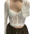 thumbnail image 2 of Gureui Women's Hollow Out Crop Tops, Long Bell Sleeve Backless Sweetheart Neck Solid Color See-through Slim Fit Cropped Crochet T-Shirts, 2 of 9