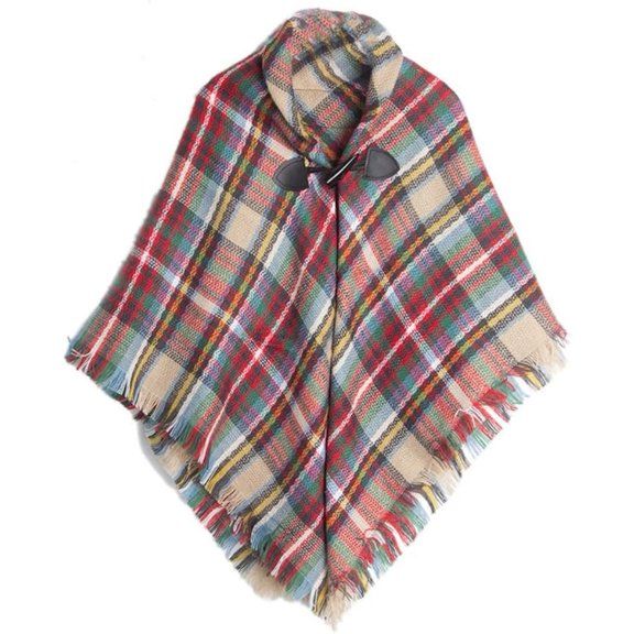 Girls Knitted Plaid Poncho Cape Shawl Tassel Fringe Horn Button Pullover Sweater for Kids