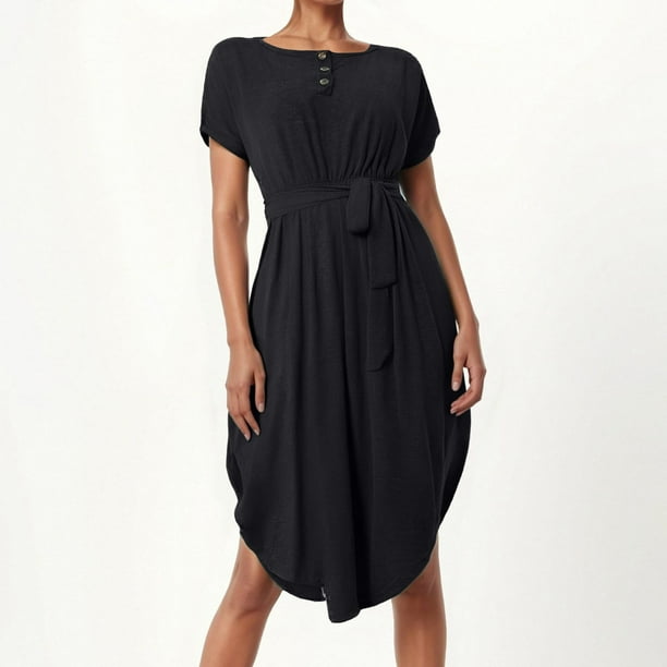 WILLBEST Vestidos Casuales Para Mujer 1 Vestido Casual Para Mujer, Holgado, Con Botones Y Cinturón, Para Uso Diario, Primavera, Verano Y Otoño, Básico, Color Liso, Midi