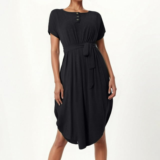 WILLBEST Vestidos Casuales Para Mujer 1 Vestido Casual Para Mujer, Holgado, Con Botones Y Cinturón, Para Uso Diario, Primavera, Verano Y Otoño, Básico, Color Liso, Midi