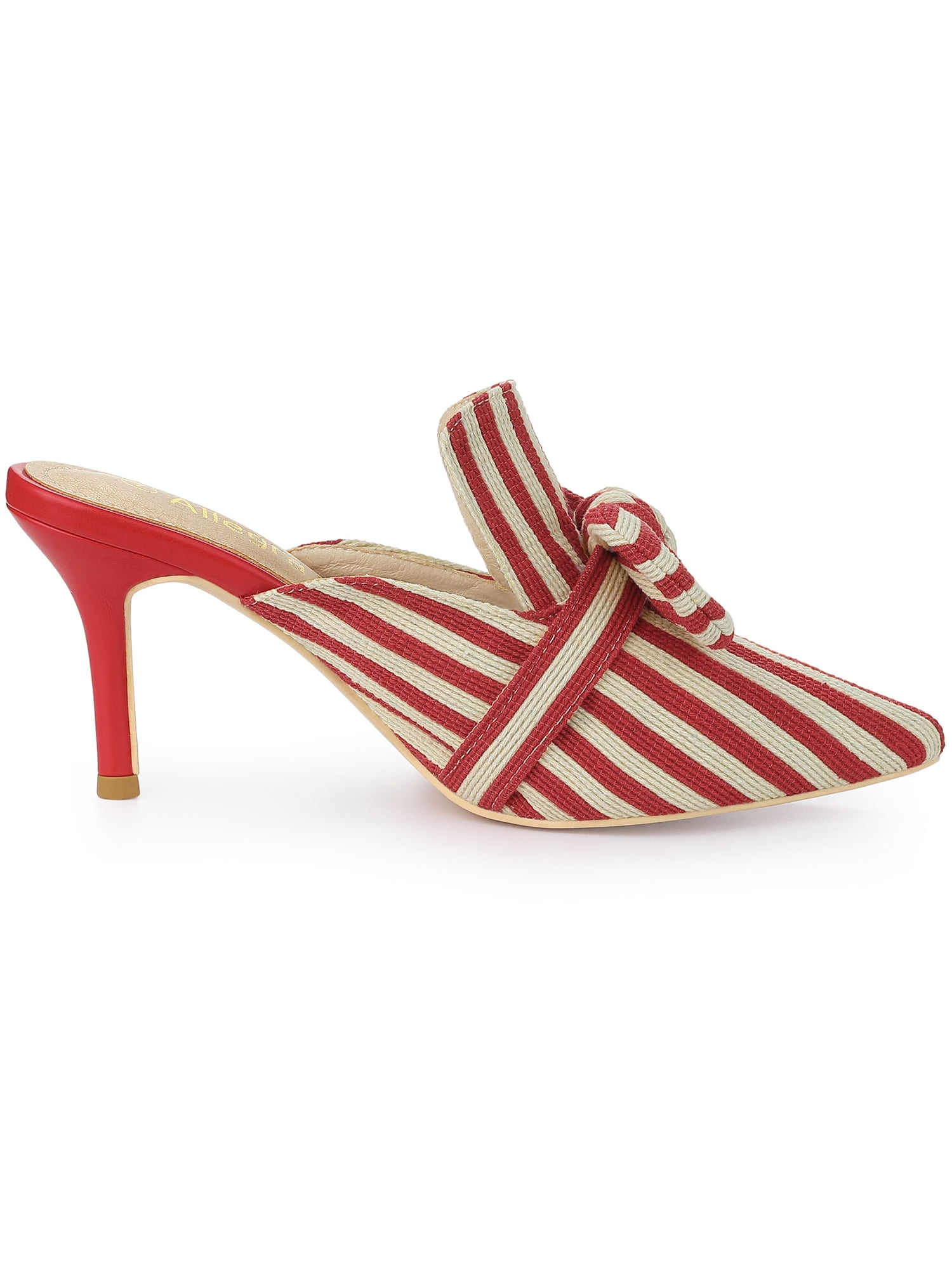DARING DIVA Women's Stripe Bow Slip on Stiletto Heel Slides Mules Red 9