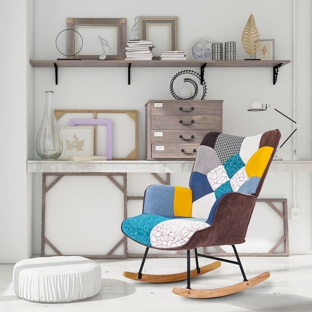 Toytexx Patchwork Upholstered Rocking Chair, Wingback Accent Glider with Solid Wood Rockers and Steel Frame, 26-Inch Wide, Multi-Color