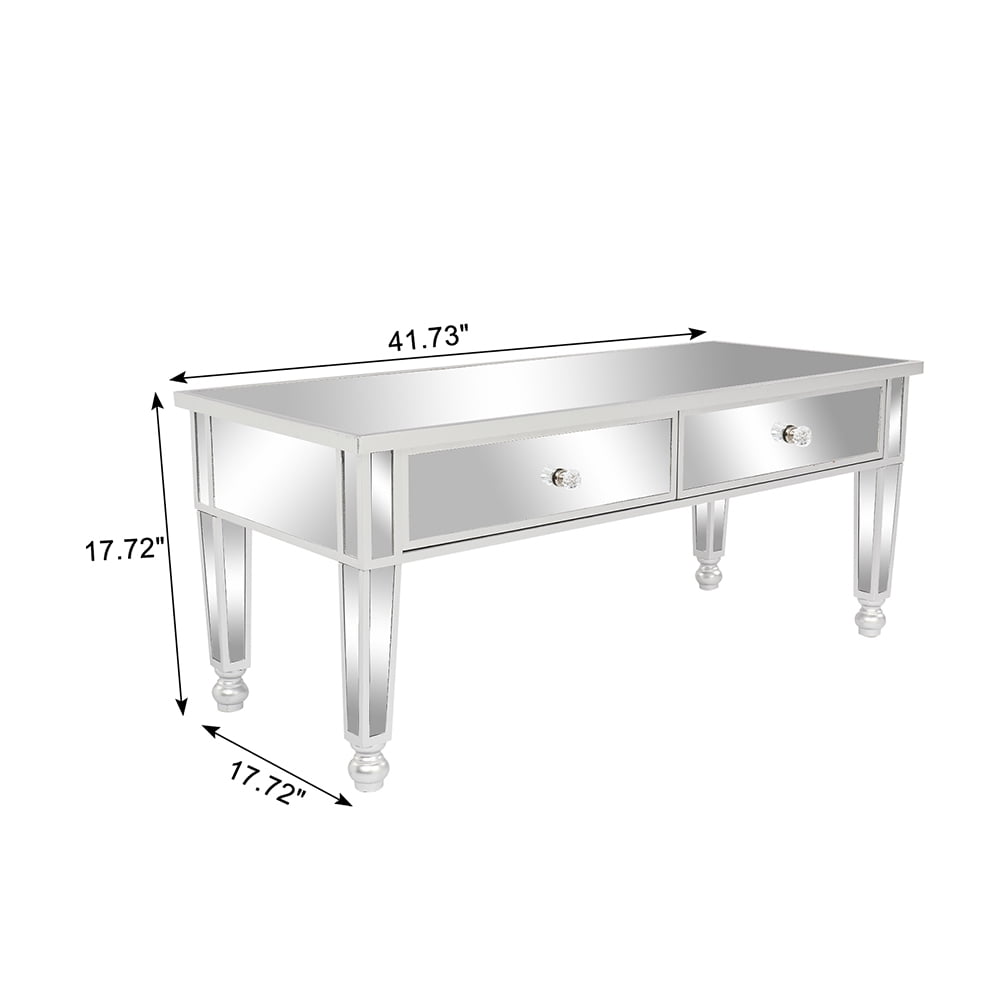 Kepooman Mirror Coffee Table with Two Drawers for Living Room, Silvery Mirror Glass Kepooman Mirror Coffee Table with Two Drawers for Living Room, Silvery Mirror Glass