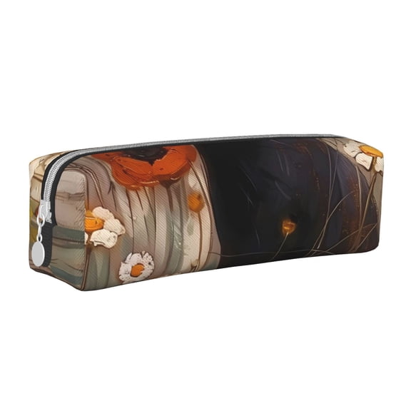 Yiaed Black Cat in Wildflowers Print Leather Pencil Case - Leather Pen Pencil Holder - Elegant & Practical Pencil Pouch for Work & Office