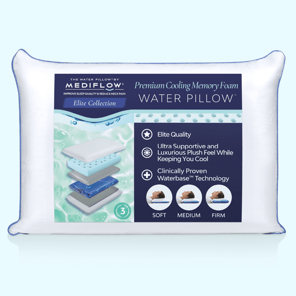 Mediflow Water Pillow - Elite Collection, Cooling Gel Memory Foam Pillow. Orthopedic Pillow for Neck Pain Relief, Adjustable Water Pillow for Sleeping. (1 Pillow)