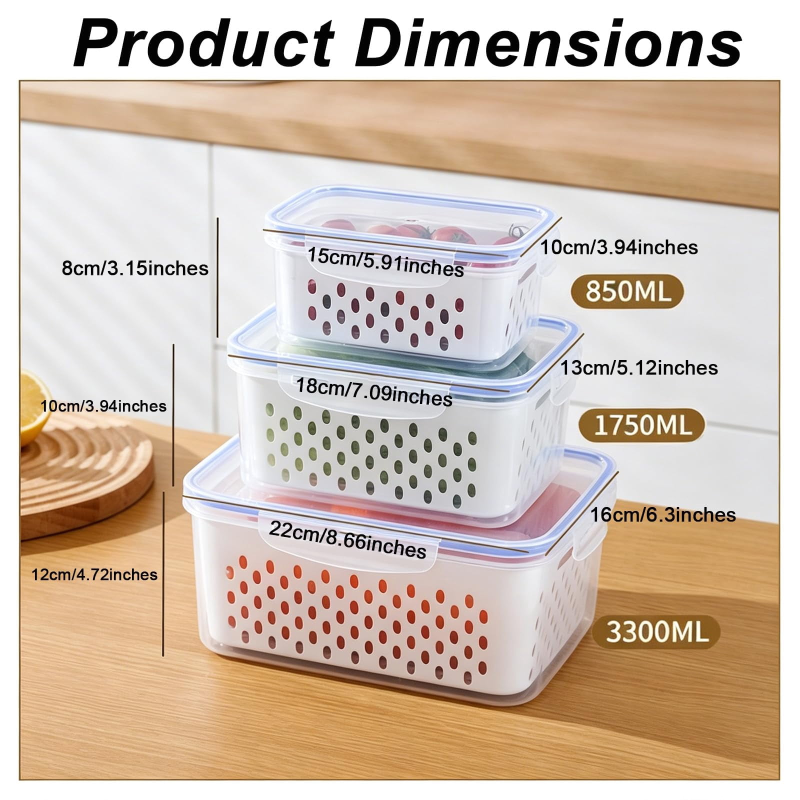 3 PCS Fruit Storage Containers for Fridge – 4-in-1 Airtight Food Containers with Removable Colander, Dishwasher & Microwave Safe, Keep Produce Fresh Longer