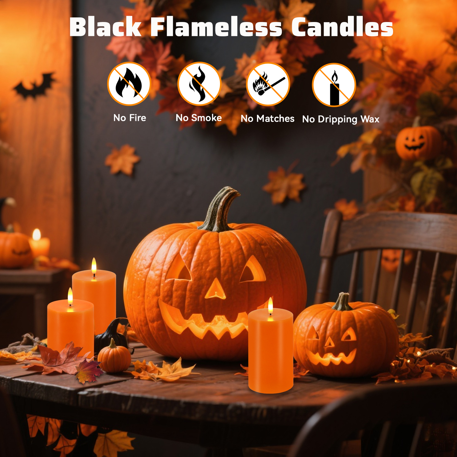 Orange Flameless Candles, Set of 3 Flickering LED Candles with Remote & Timer, Dimmable Real Wax Electric Pillar Candles Battery Operated, Orange Candles for Fall Thanksgiving Halloween Decor
