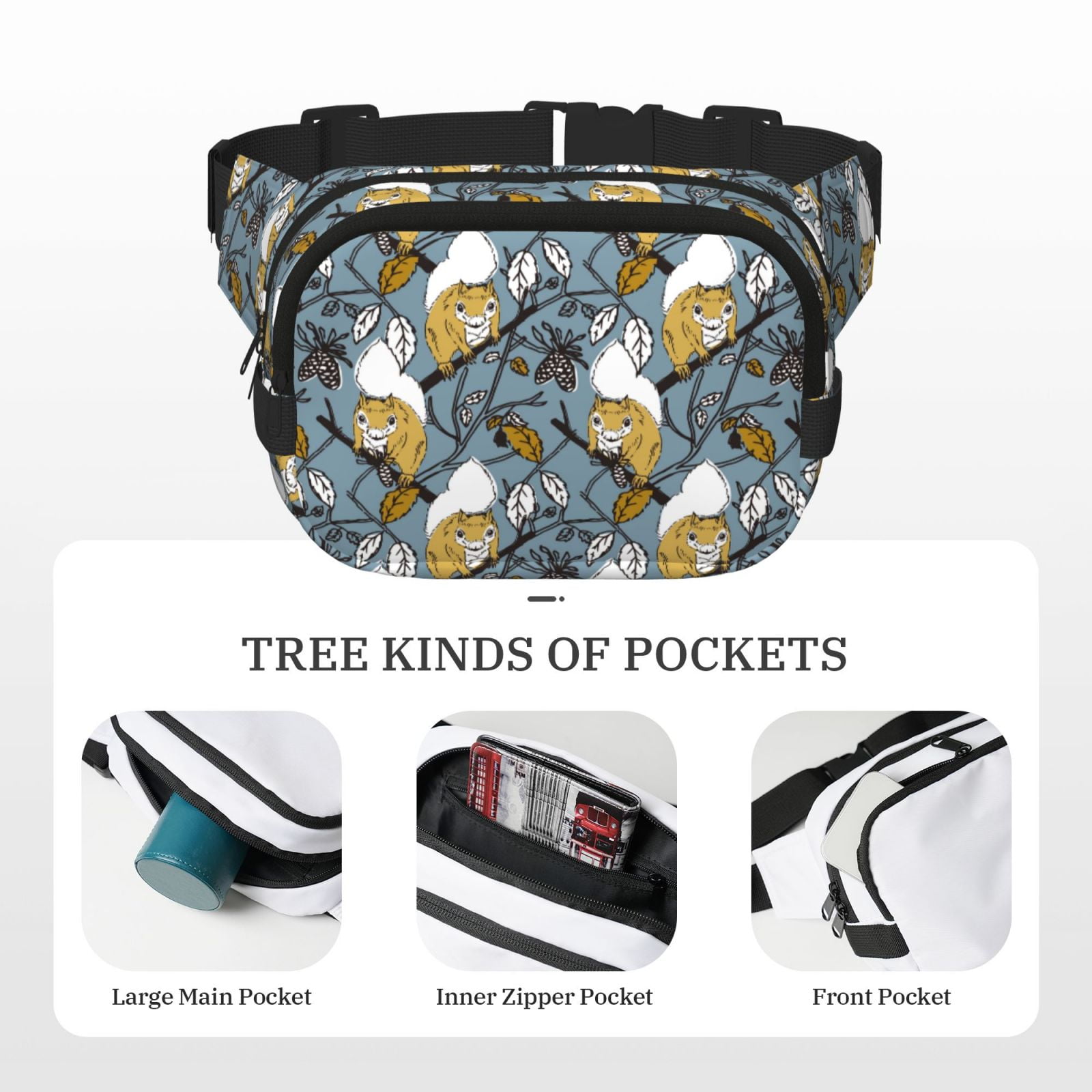 Picia Cartoon Squirrel on Branch Print Square Double-Layer Waist Bag Mini Adjustable Waist Belt Bag Exercise Running Travel Hiking