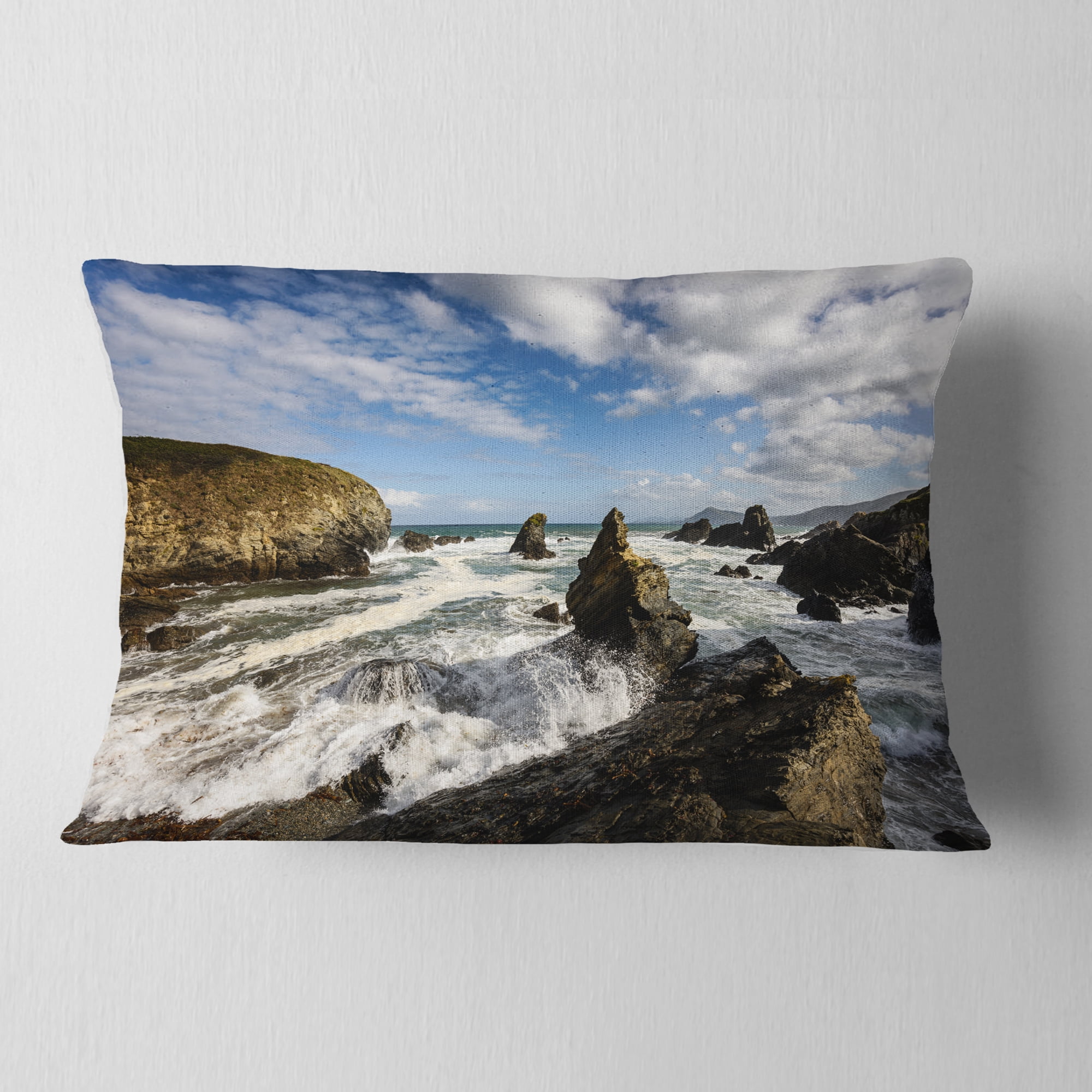 Designart Blue Atlantic Coast in Spain - Seashore Photo Throw Pillow - 12x20