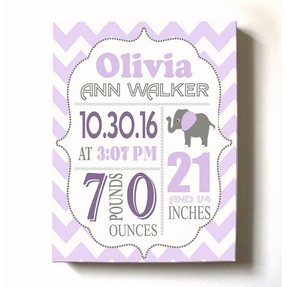 Personalized Canvas Birth Announcement Nursery Decor Gift, Elephant Design, Custom Name, Date, Weight & Length, Unique Boys & Girls Baby Shower Wall Art Presents, Color Lilac # 1 , Size - 8X10