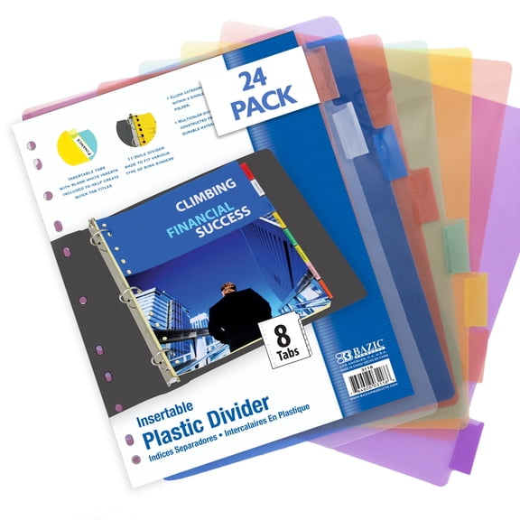 BAZIC Binder Dividers 8 Insertable Color Index Tabs 11 Hole (8/Pack), 24-Packs