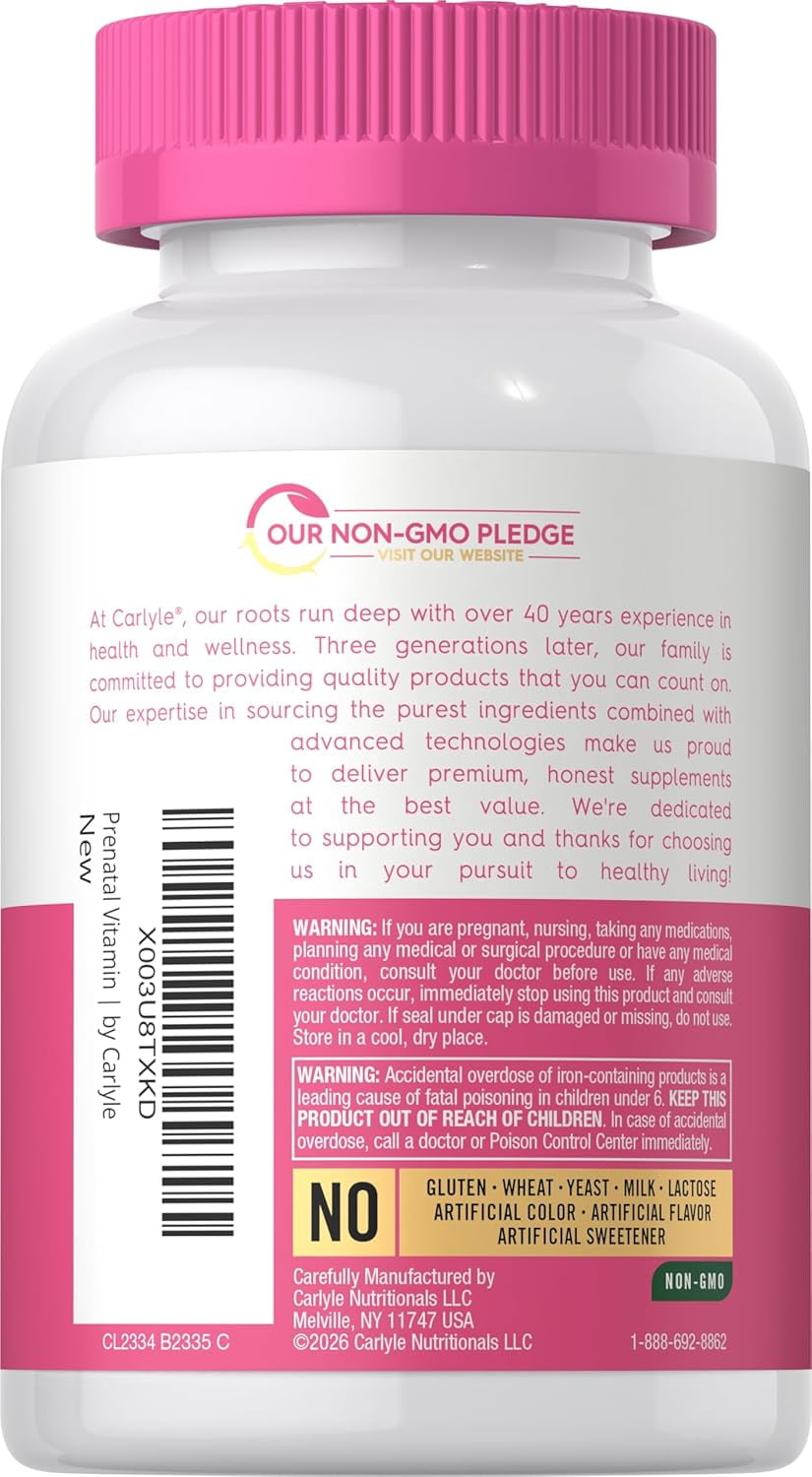 Prenatal Vitamins for Women | 120 Capsules | with Iron and Folic Acid | For Her | by Carlyle