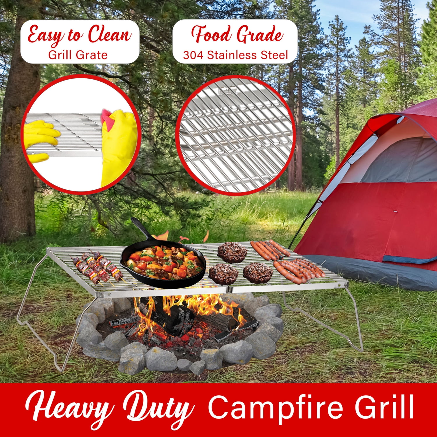 Brentwood 25-In. x 17-In. Heavy-Duty Stainless Steel Portable Folding Campfire Grill with Carry Bag, BB-17X25SS, BB-17X25SS