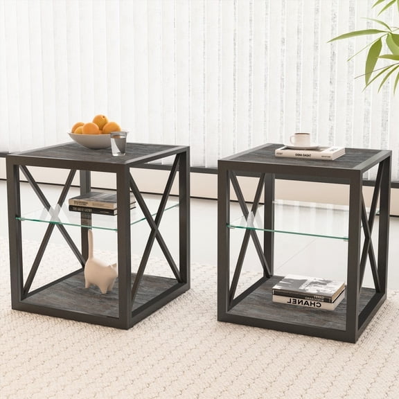 Sturdy & Compact End Table with Tempered Glass & Wood Grain | Industrial Style