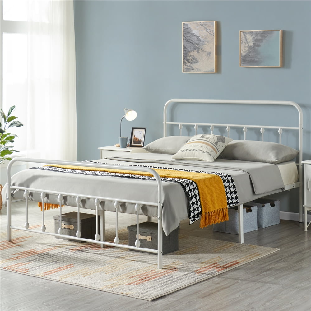 Buy Yaheetech Classic Metal Platform Queen Bed with High Headboard and Footboard, White Online