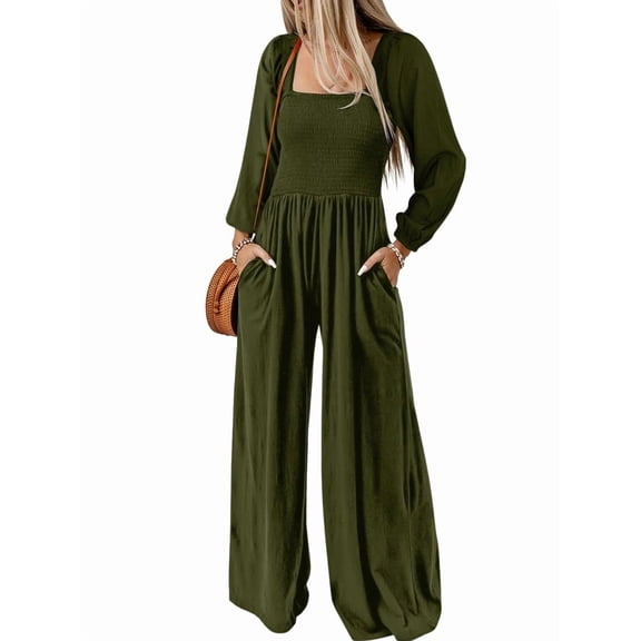 Women'S Casual Loose Overalls Jumpsuits One-Piece Long Sleeve Wide Leg Long Pant Rompers with Pockets Green S