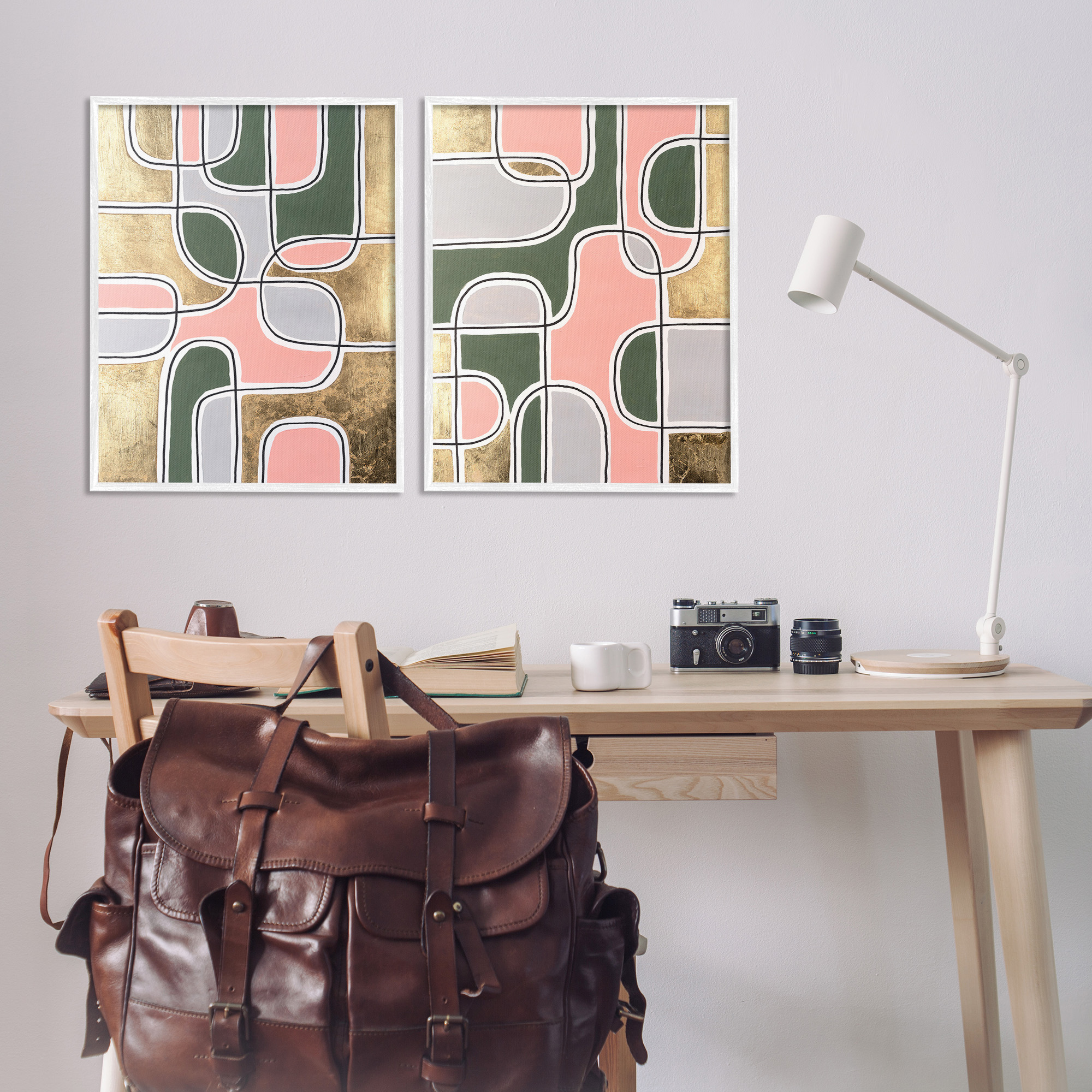 Stupell Industries Overlapping Shapes on Glam Abstract Painting White Framed Art Print Wall Art, 24 x 30, Set of 2