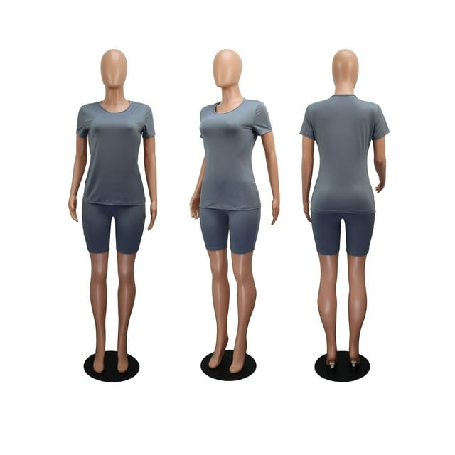 Kmbangi Women 2PCS Sports Set +Slim Solid Color Top Short High Waist Pants Tracksuit Set