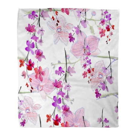 SIDONKU Throw Blanket Warm Cozy Print Flannel Colorful Beautiful Floral Pattern Flower Watercolor Elegance Pink Orchids Comfortable Soft for Bed Sofa and Couch 50x60 Inches