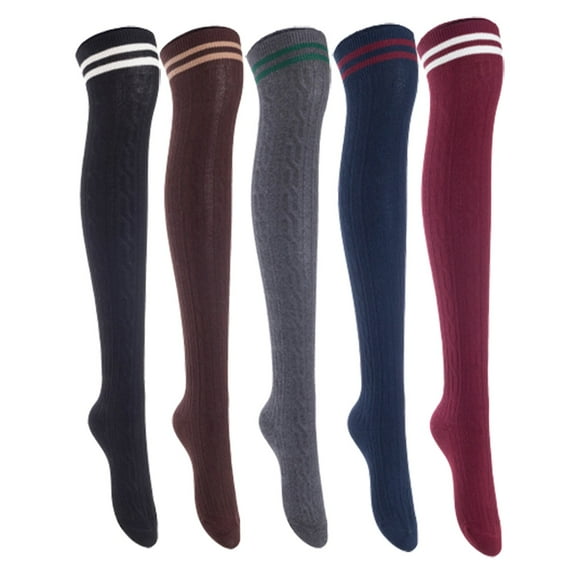 Lian Lifestyle Women's 5 Pairs Incredible Durable Super Soft Unique Over Knee High Thigh High Cotton Socks, Size US 6-9, JMYP1023 Black, Coffee, Dark Gray, Navy, Wine