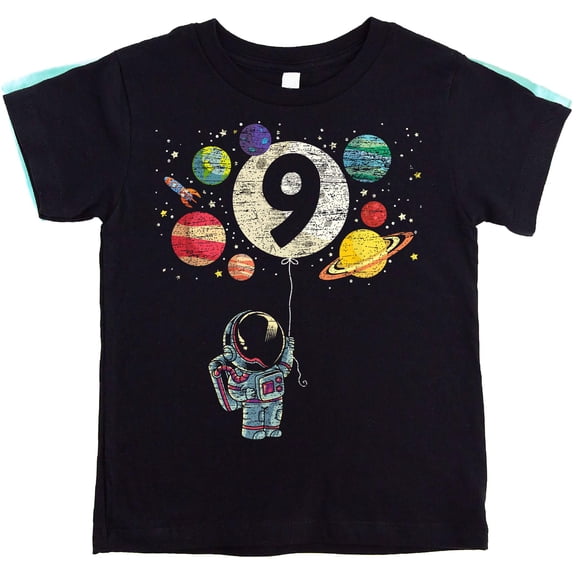 9th Birthday Rocket Astronaut Themed T-Shirts with Moon & Planets for Boys Black Shirt Youth Medium