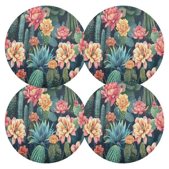 Ryvnso Cactus and Flower Round Plate Mats Dining Table Placemat Set of 4 for Holiday Decoration