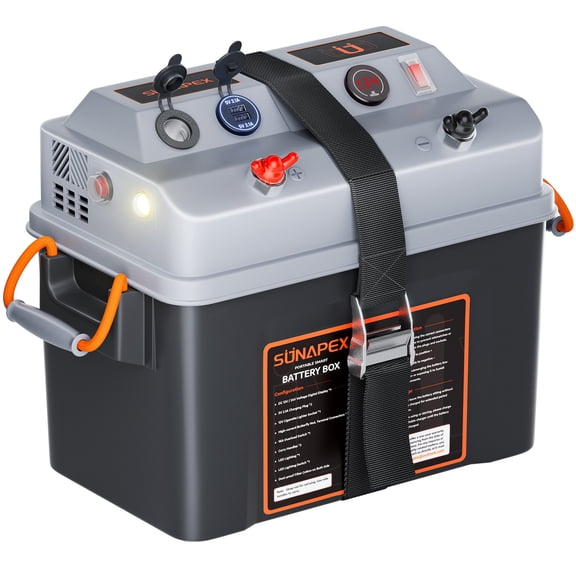 SUNAPEX Smart Battery Box 12V/24V Power Center - Multi Ports & Circuit Breaker for Trolling Motor, Marine,RV & Solar Panel (Battery Not Included)