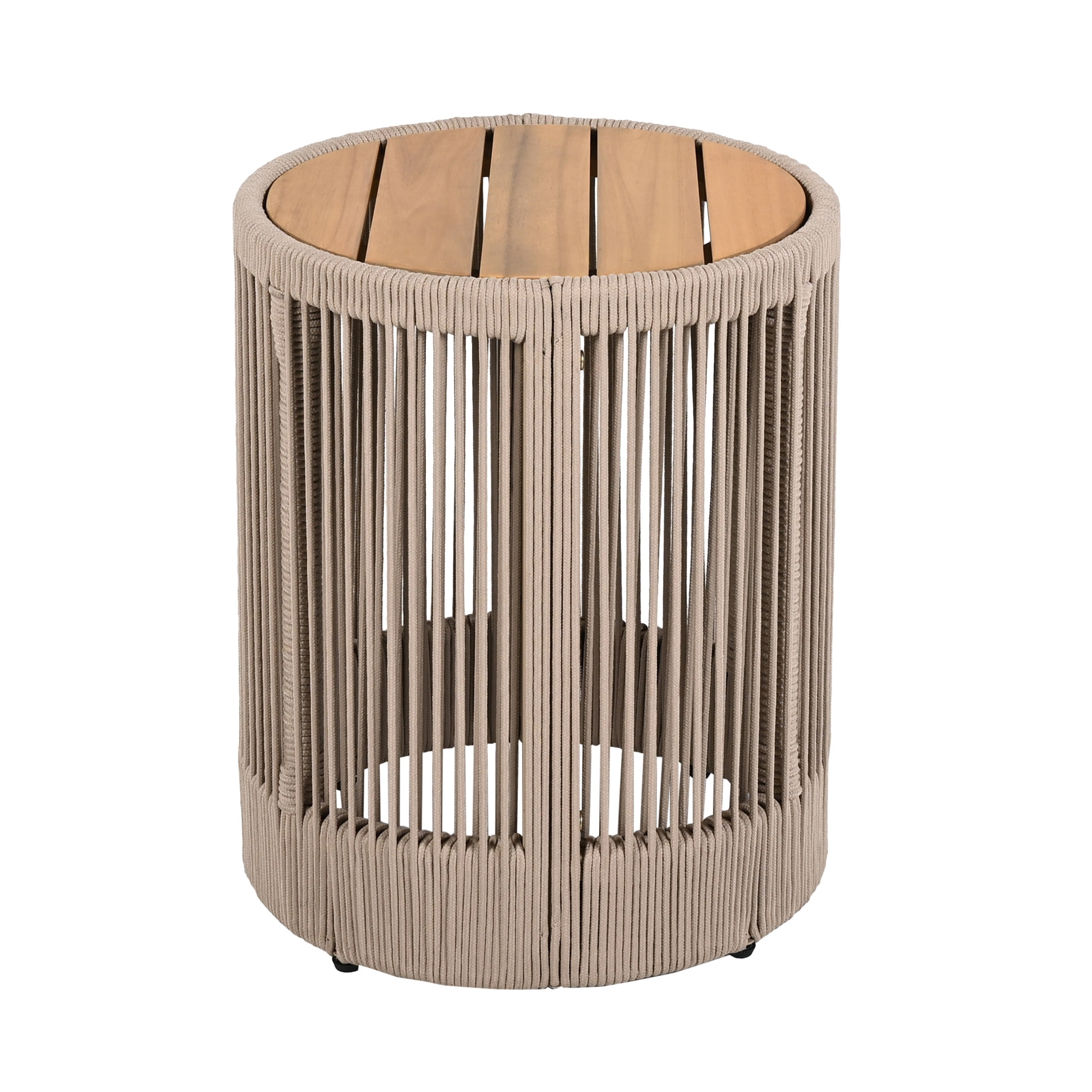 Christopher Knight Home 15" Round Side Table, Acacia Wood Top with Rope & Iron Base, Beige