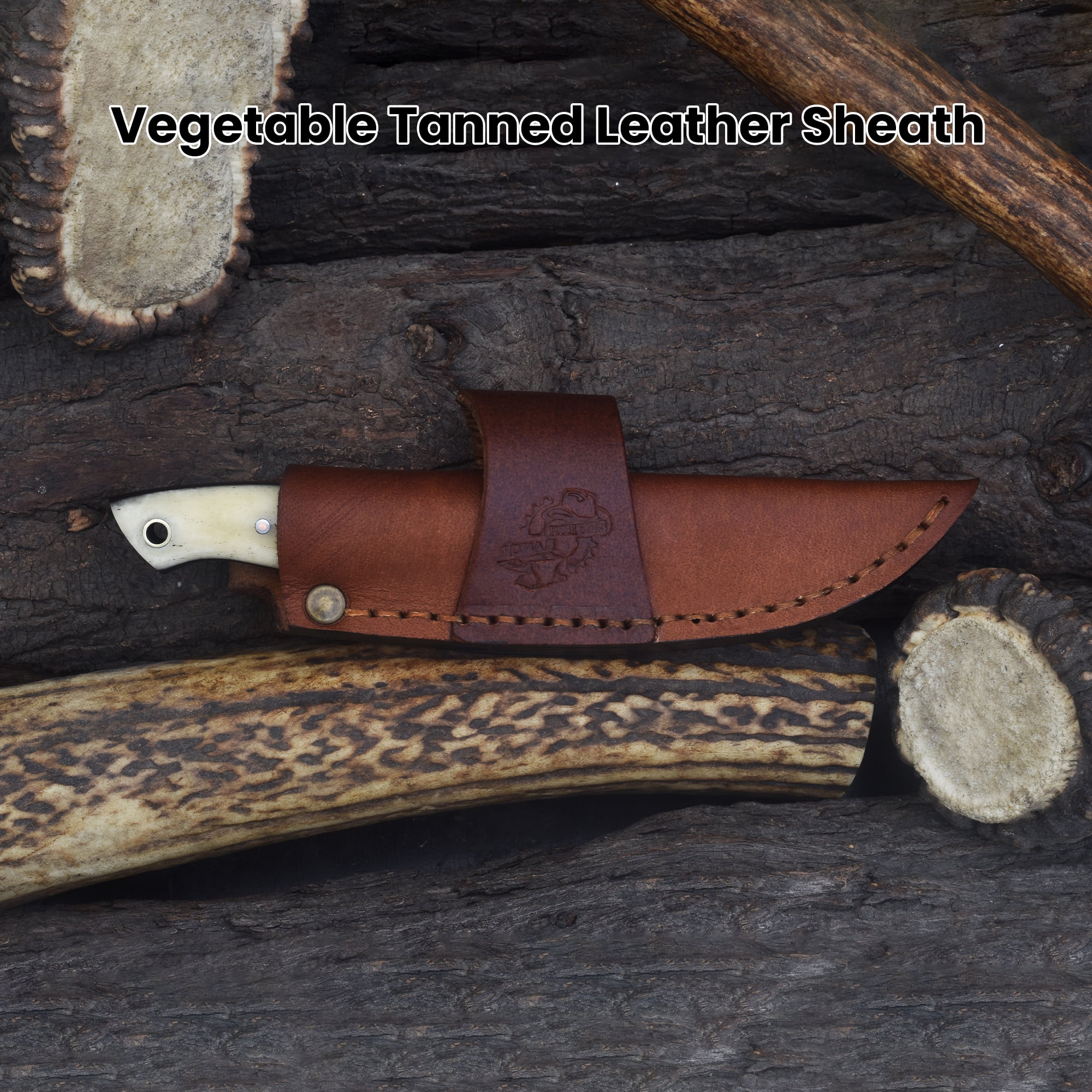 Knives Ranch Handmade EDC Fixed Blade Hunting Knife – Forged Damascus Steel – Natural Cattle Bone Handle – Horizontal Carry Sheath – Outdoor Cowboy Knife (3180-B)