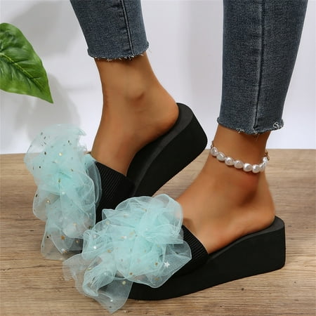 

Cathalem Womens Shoes Summer Fashion Large Size Thick Sole Flower Sequins Simia Wedge Beach Slippers Women s Slipper Boots Blue 8.5