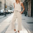 thumbnail image 2 of BLOCLOALO 2 Piece Lounge Set Sleeveless Tops Womens Daily Casual 2 Piece Solid Tank Tops Wide Leg Pants Outfits Sets Tunic Tops V Neck Blouses Travel Outfits for Women Beige L, 2 of 6