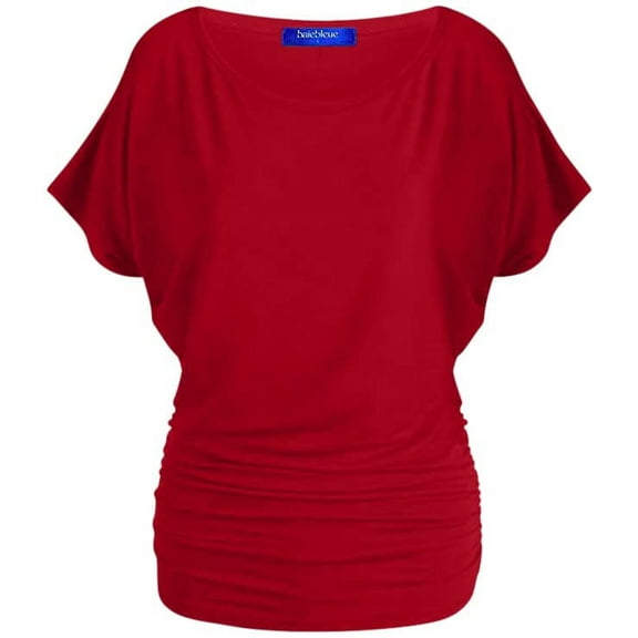 2201 Women's Solid Short Sleeve Boat Neck Dolman Top With Side Shirring Wine L