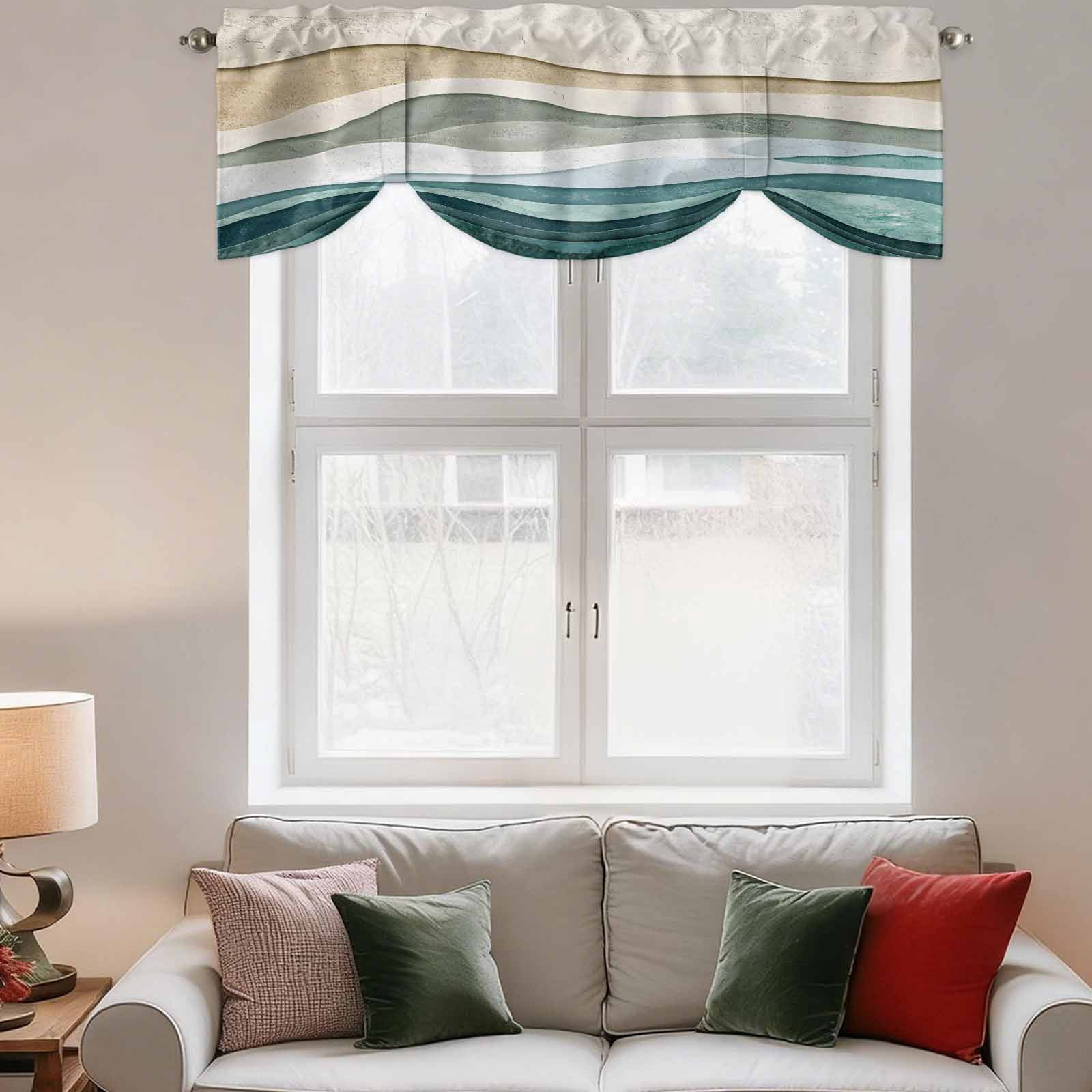 Abstract Wave Effect Tie Up Valances Curtain, Adjustable Kitchen Watercolor Blue Stripes Valances for Windows Decor, Rod Pocket Short Curtains Set for Bedroom/Bathroom, 54"x18"