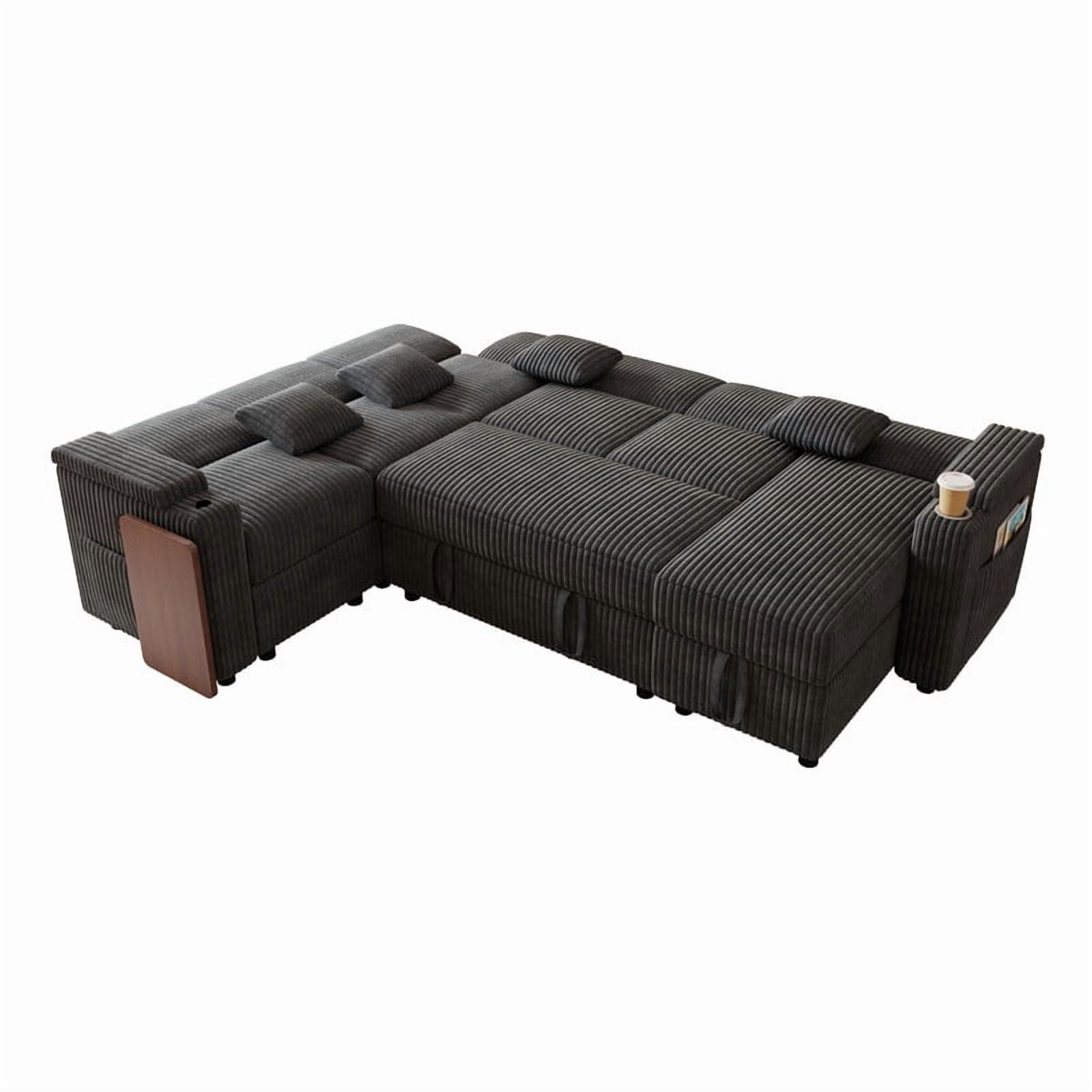100" U-Shaped Sleeper Sofa with Pull-Out Bed, USB Charging Ports, Cup Holder, Flip-Top Table, Storage Chaise, Corduroy Sectional Couch for Living Room, Apartment & Guest Room