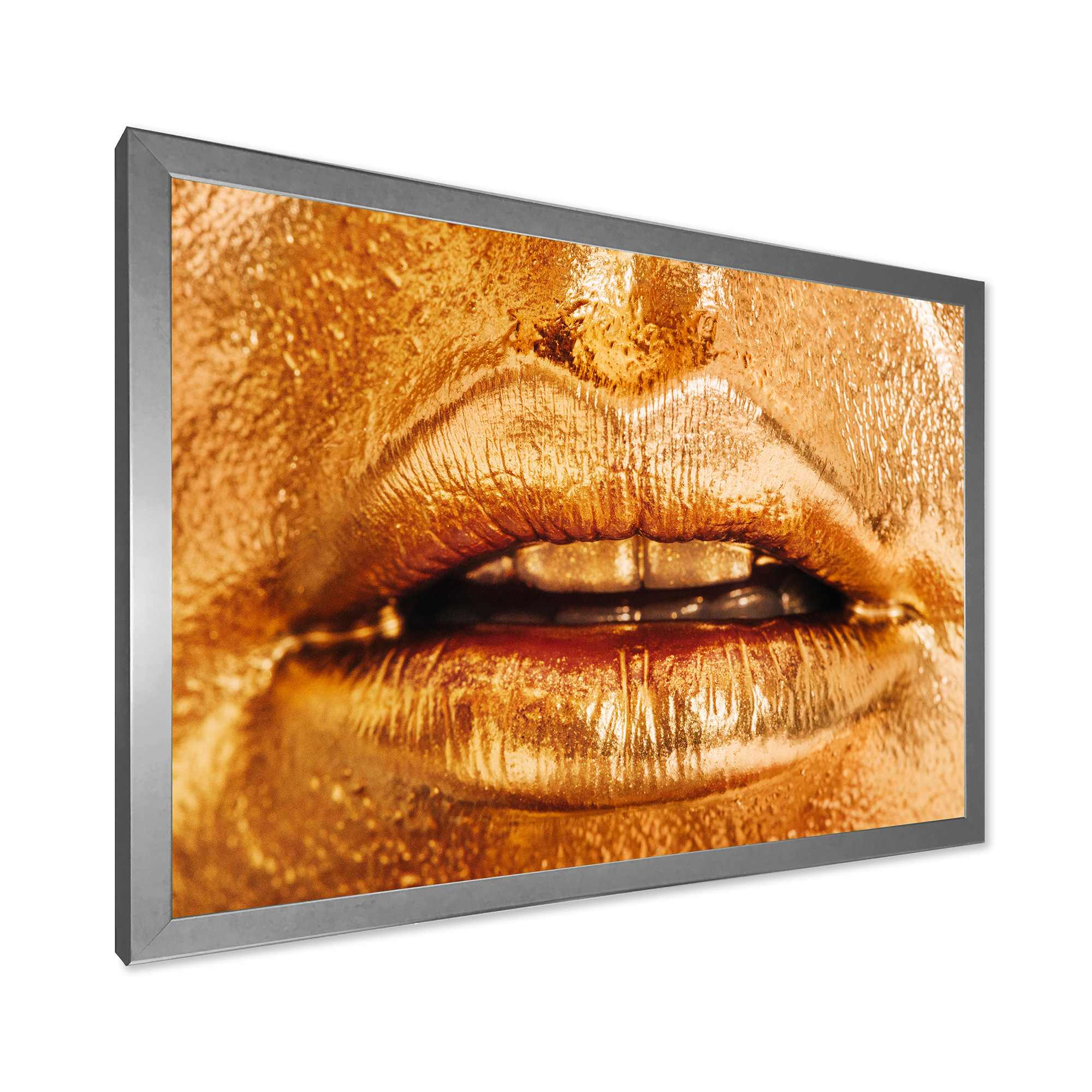 Designart 'Close Up Of Female Lips With Bright Golden Makeup' Modern Framed Art Print
