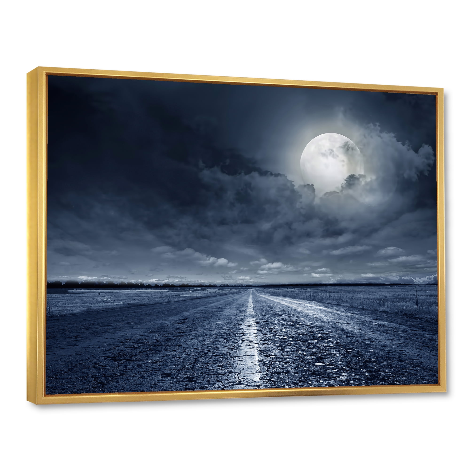 Designart 'Cloudy Full Moon Over Asphalt Road I' Nautical & Coastal Framed Canvas Wall Art Print