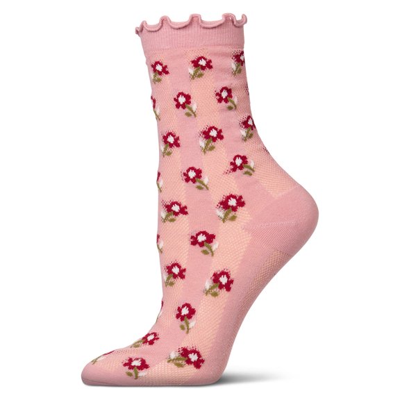 MeMoi Women's "Ditsy Floral" Cotton-Rich Mini-Net Ruffle-Edge Ankle Sock - Womens - Female, 9-11, Black