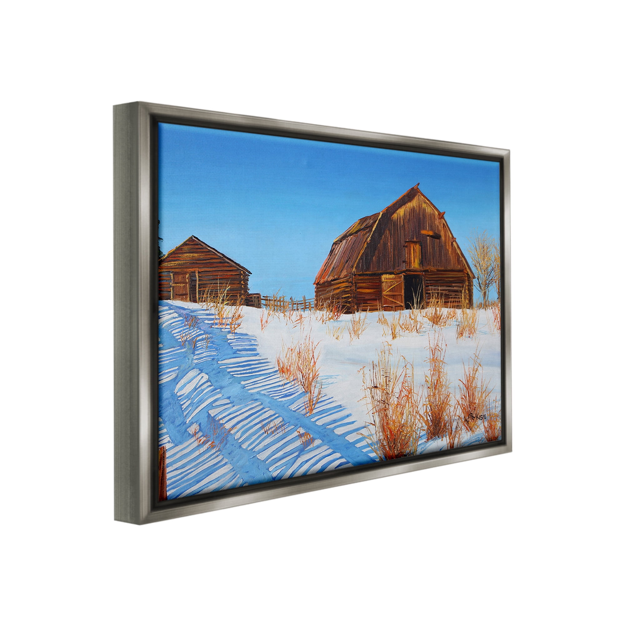 Stupell Industries Winter Country Barn Landscape Painting Gray Floater Framed Canvas Art Print Wall Art, 31 x 25