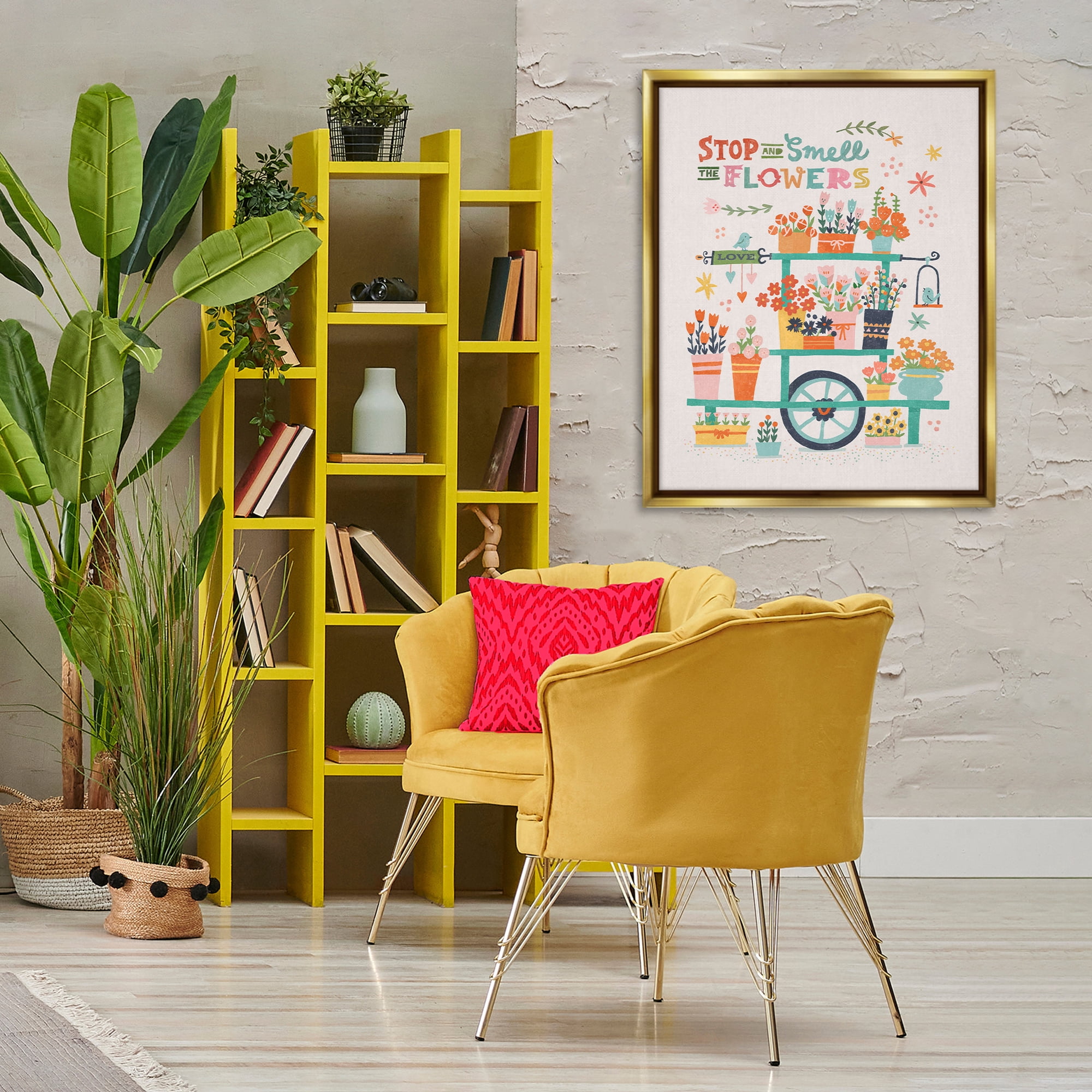 Stupell Industries Inspiring Assorted Flower Cart Plants & Flowers Painting Gold Floater Framed Canvas Art Print Wall Art, 25 x 31