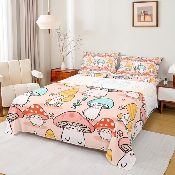 Homewish Colorful Cartoon Mushroom Twin Sheet Sets,Tropical Botanical Plant Twin Fitted Sheet,Pink Blue Orange Flat Sheet For Girls Teens,Ultra Soft Home Decor,3 Pieces