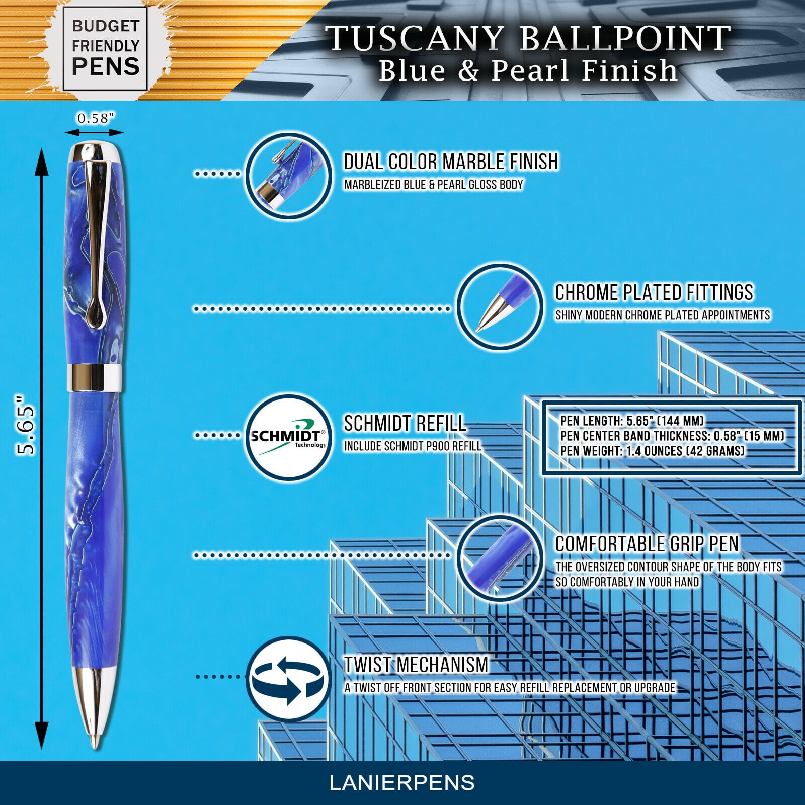 Blue & Pearl Marbleized Gloss Body, Tuscany Ballpoint Pen (Black Ink, Medium Tip 0.7 MM)