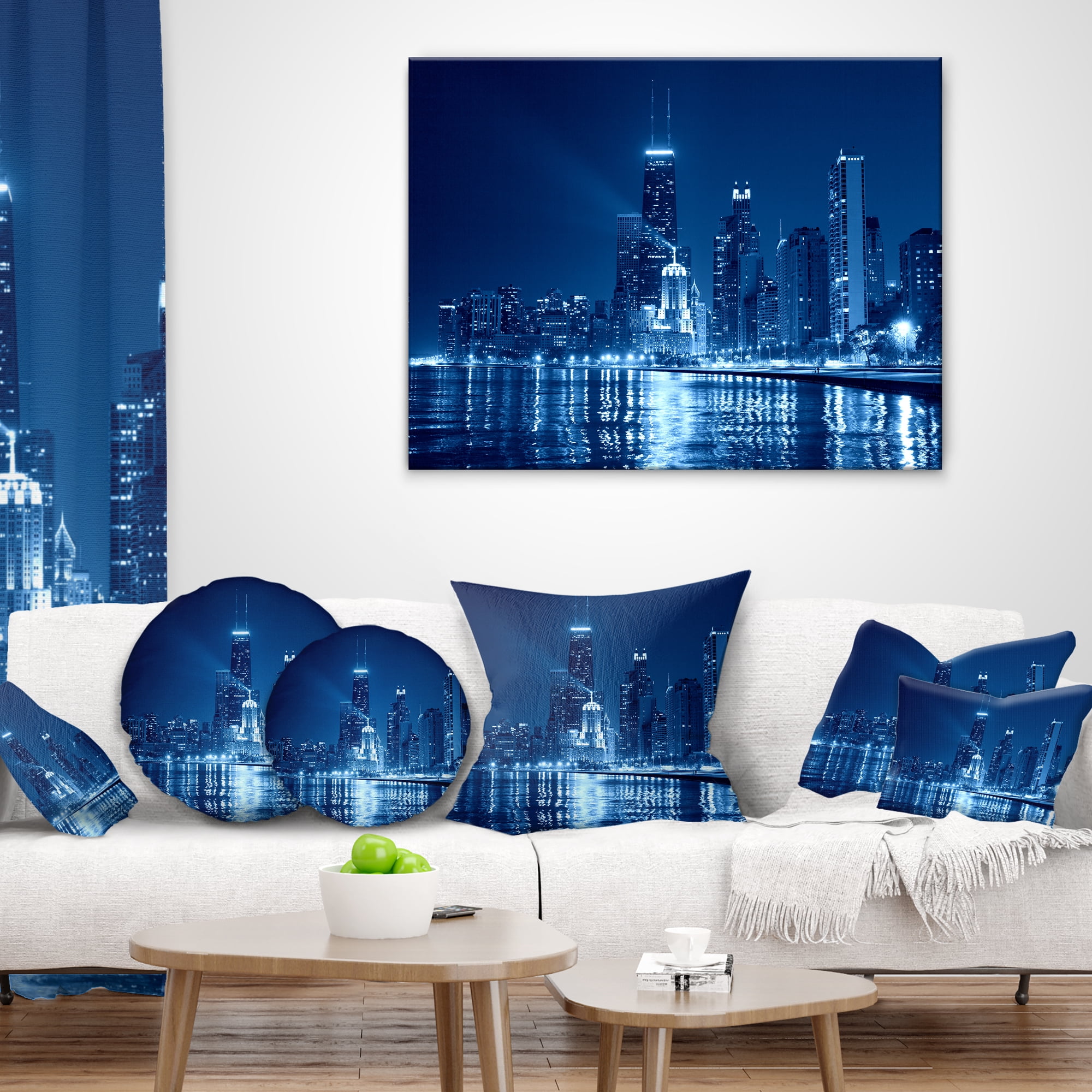 Designart Blue Chicago Skyline Night - Cityscape Photo Throw Pillow - 16x16