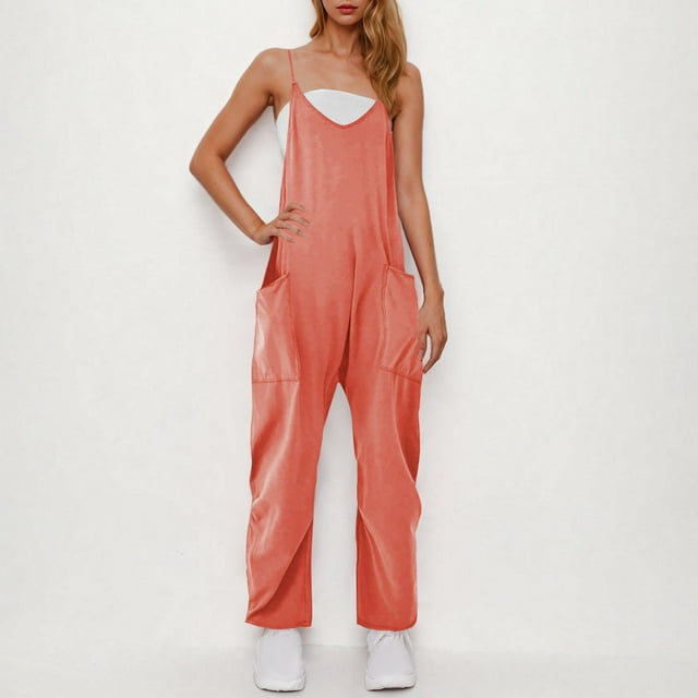 Horkkom Womens Jumpsuits Sleeveless Spaghetti Strap Rompers Loose Casual Plus Size Baggy Overalls with Pockets