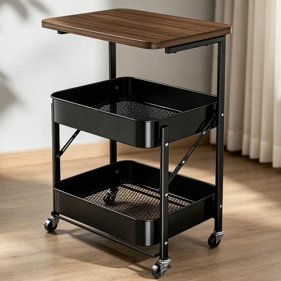 Zehiseta Mobile Utility Cart, Foldable 2-Tier Storage Cart with Wooden Tabletop & Silent Swivel Wheels for Home Organization