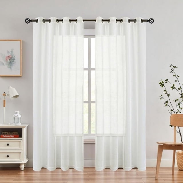 EcoNesxp 2 Panel Eyelet Off White Linen Tulle Curtain Panel with Grommets Country Style Curtain Trim Inch 54x95 Inch